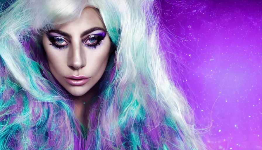 Prompt: lady gaga with long white hair holding a peace sign, an album cover by Hedi Xandt, featured on deviantart, holography, smokey background, matte background, seapunk High resolution. Highly detailed. Dramatic. 8k.4k.