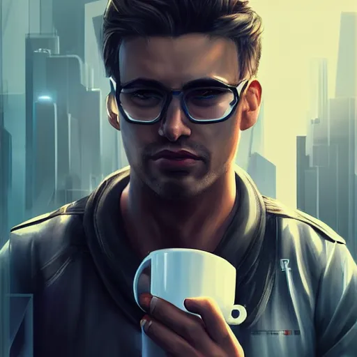 Image similar to portrait of a handsome software engineer having a cup of coffee. cyberpunk style, digital art artstation cgsociety