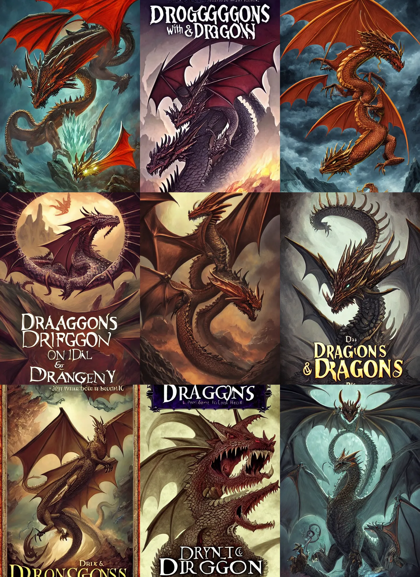 Prompt: book cover about dragons, d & d style, beautiful