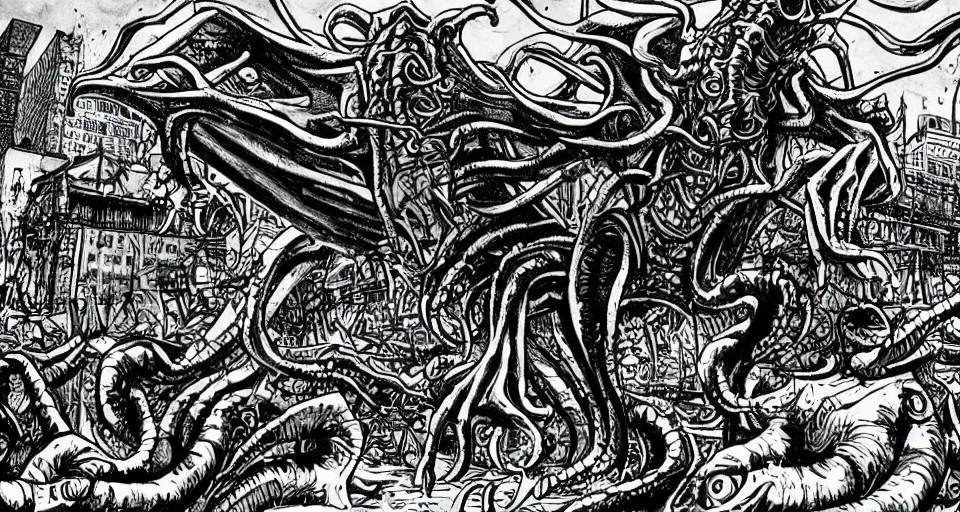 Image similar to cthulhu attacking a detailed cityscape, horror, lovecraftian, in the style of junji ito, lineart, manga, shirow masamune