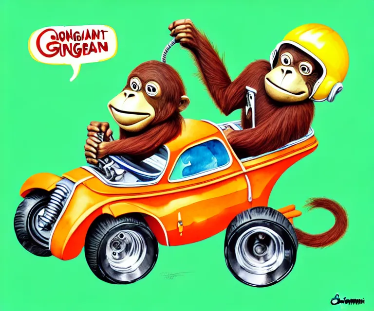 Prompt: cute and funny, orangutan wearing a helmet riding in a tiny hot rod with oversized engine | ratfink style by ed roth, centered award winning watercolor pen illustration, isometric illustration by chihiro iwasaki, edited by range murata, tiny details by artgerm, symmetrically isometrically centered