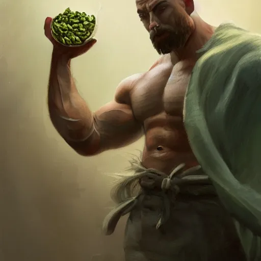 Image similar to Epic portrait, muscular man with basic clothes trying to open a jar of pickles, bald, bearded, scary, digital painting, artstation, concept art, soft light, hdri, smooth, sharp focus, illustration, fantasy, intricate, elegant, highly detailed, D&D, matte painting, in the style of Greg Rutkowski and Alphonse Mucha and artemisia, 8k,