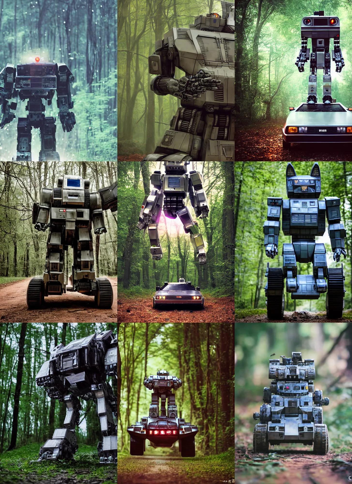 Prompt: a 3 5 mm photo from the front of a giant mecha armored war delorean gundamrobot as chubby cute rabbit walking in the woods, splash art, movie still, bokeh, canon 5 0 mm, cinematic lighting, dramatic, film, photography, depth of field, award - winning, backlighting, overcast, 8 k, hyper detailed, 3 5 mm film grain