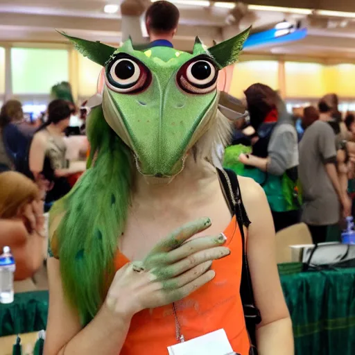 Prompt: praying mantis fursona at a furry convention