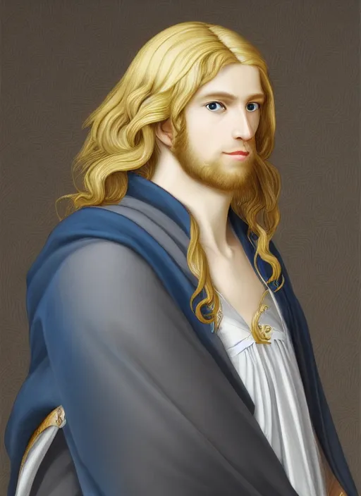 Image similar to portrait of a blond handsome man with long hair in renaissance style, anime inspired, High Res 8K,hyperdetailed