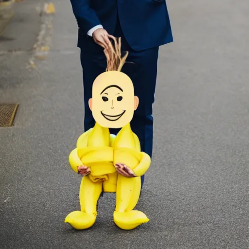 Image similar to a person with a banana head wearing a business suit