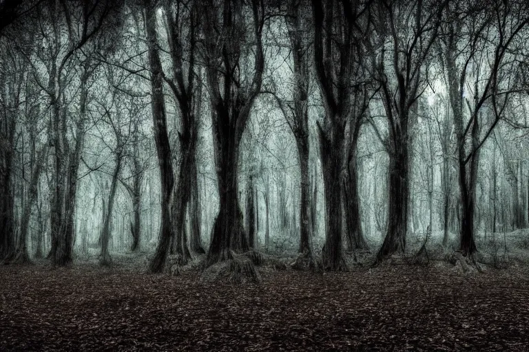 Prompt: photo of a forest made out of human bones, scary, horror, mid night, creepy, 4k