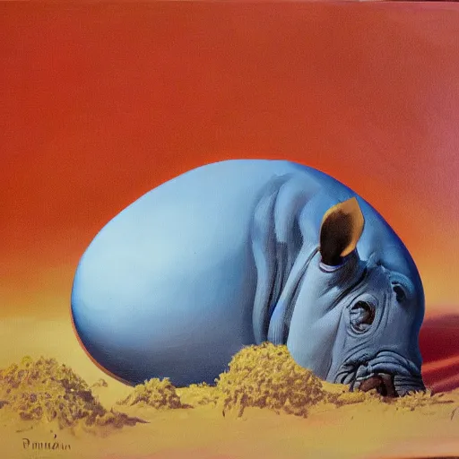 Image similar to oil on canvas of, rhinoceros hatching an egg in hawaii