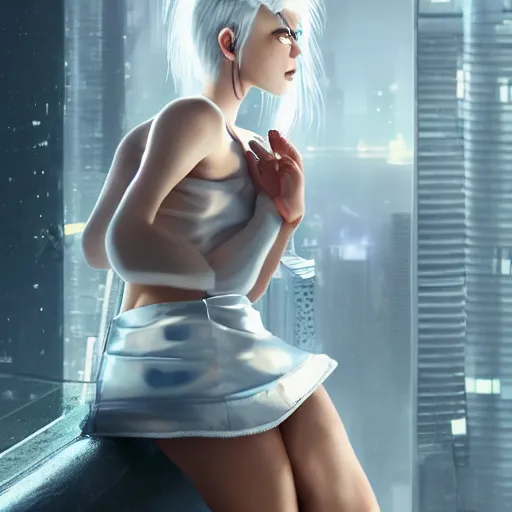 Prompt: white haired girl in a miniskirt sitting on a window, cyberpunk, digital art, expressive oil painting, highly detailed, trending on artstation, octane render