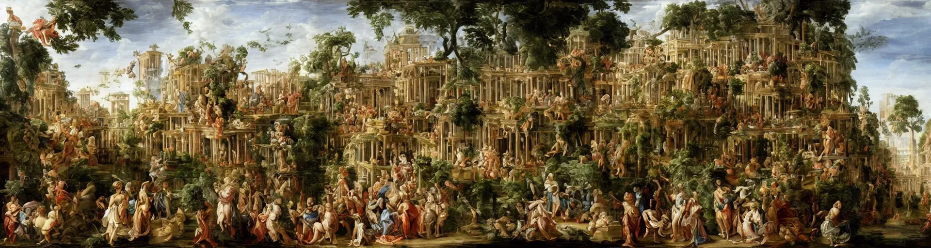 Prompt: baroque painting of the hanging gardens of babylon