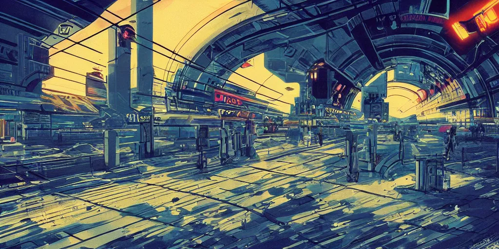 Prompt: post apocalyptic wasteland neon futuristic cyberpunk vaporwave glow sunset clouds sky subway tunnel illustration by syd mead