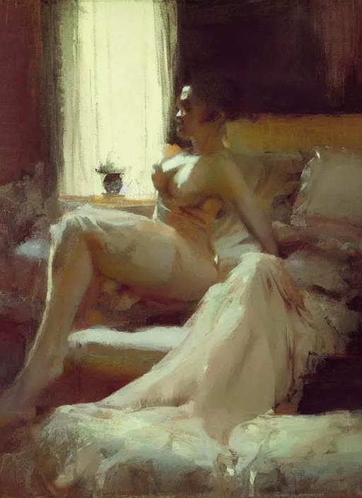 Image similar to aesthetic portrait painting of a beautiful woman posing in an artistic over a bed, by jeremy mann, only one head single portrait