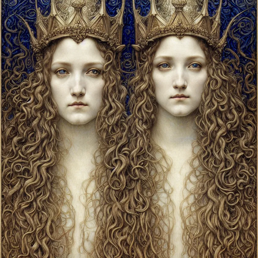 Image similar to detailed realistic beautiful young medieval queen face portrait by jean delville, gustave dore and marco mazzoni, art nouveau, symbolist, visionary, gothic, pre - raphaelite. horizontal symmetry