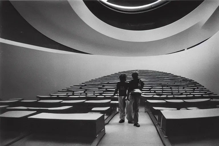 Image similar to black and white photography, a young man stands in the planetarium, decisive moment, anri cartier bresson