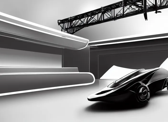 Prompt: an automobile in a studio, futuristic, art style by pablo carpio, car design by vergil exner, big engine and big wheels. full view, blank background.