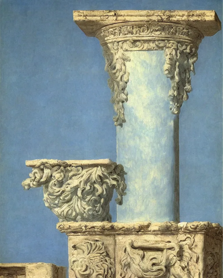 Image similar to achingly beautiful painting of intricate ancient roman corinthian capital on a baby blue background by rene magritte, monet, and turner. giovanni battista piranesi.