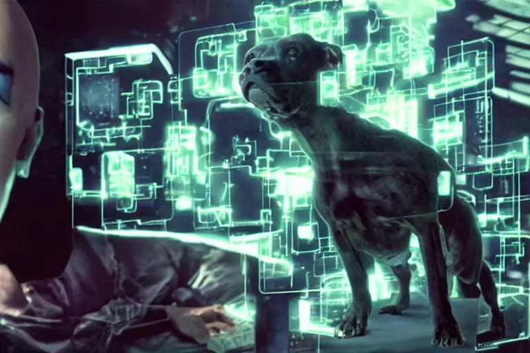 Prompt: cyborg - pitbull, surrounded by screens, in 2 0 5 5, y 2 k cybercore, industrial low - light photography, still from a kiyoshi kurosawa movie