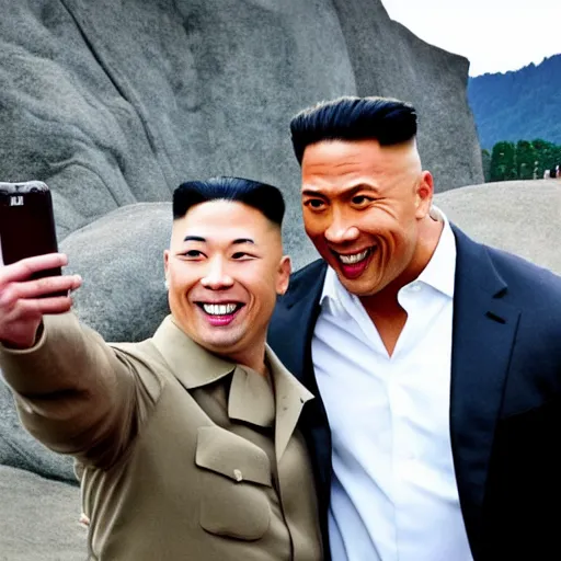 Image similar to dwayne the rock johnson and kim jong - un, selfie, phone photo,