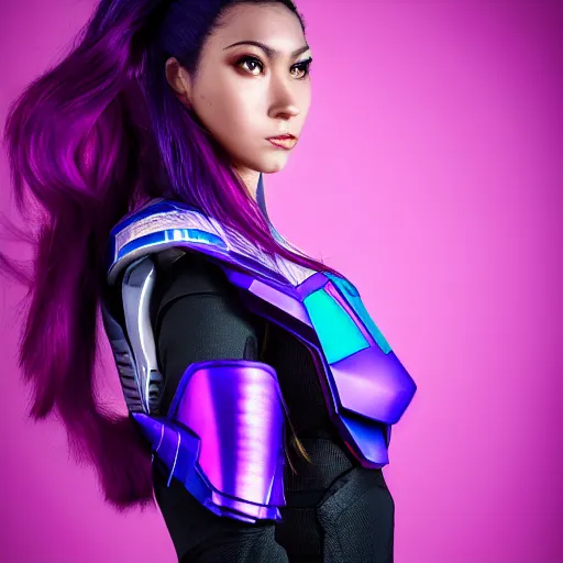 Image similar to a stunning high shutter speed action upper body portrait of a beautiful woman with a ombre purple pink hairstyle with hair flying wearing futuristic navy blue and teal battle bodyarmor and pauldrons by marvel comics, outrun, vaporware, action photography, highly detailed, fine detail, intricate, digital art, trending on artstation