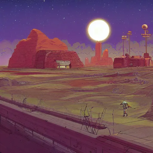 Image similar to a martian colony, digital painting by moebius, daniel taylor, darius puia, and studio ghibli