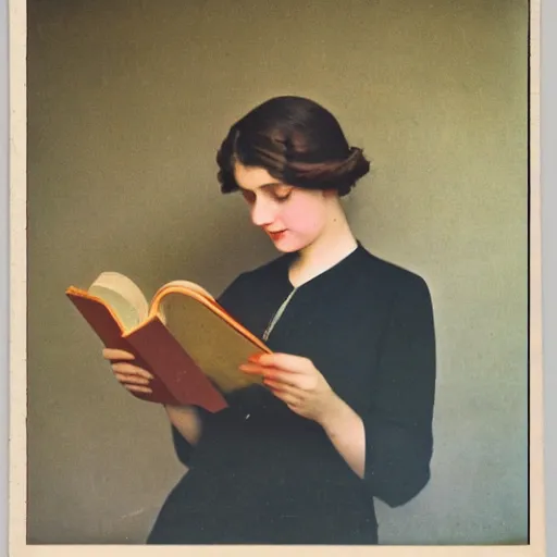 Prompt: a vintage 1 9 0 0 s kodachrome slide portrait of a young woman reading a book.