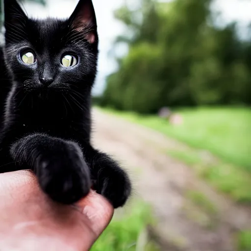 Image similar to a photo of a black kitten in the countryside taking selfies, hyperrealism, bokeh, ultrafine detail, photo taken with nikon d 7 5 0