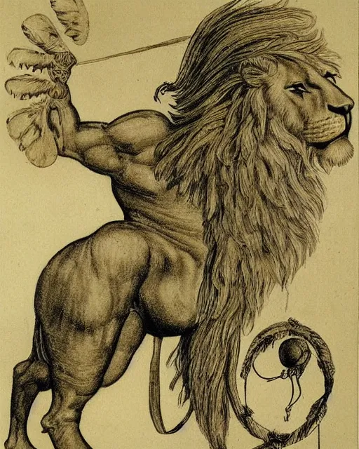 Prompt: human - eagle - lion - ox hybrid. drawn by da vinci