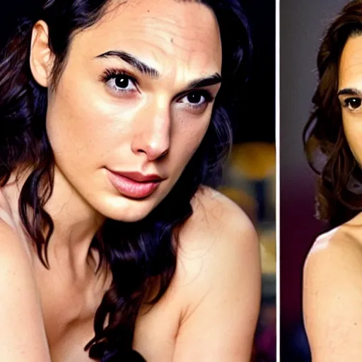 Image similar to two halves of a cat, gal gadot.