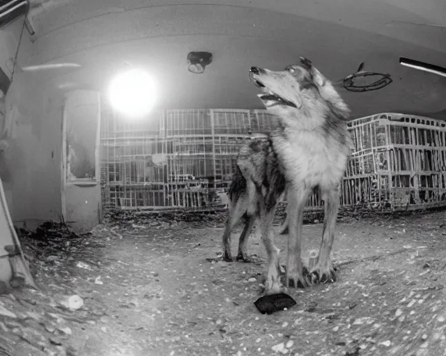 Image similar to Close up camera footage of a extremely aggressive Feral Mutated Wolf with severe late stage rabies in an abandoned shopping mall, Wolf Snarling Directly toward camera, Terrifying :7 , high exposure, dark, monochrome, camera, grainy, CCTV, security camera footage, timestamp, zoomed in, Feral, fish-eye lens, Rabid, Radiation Mutated Wolf, Nightmare Fuel, Wolf, Evil, Bite, Motion Blur, horrifying, lunging at camera :4 bloody dead body, blood on floors, windows and walls :5