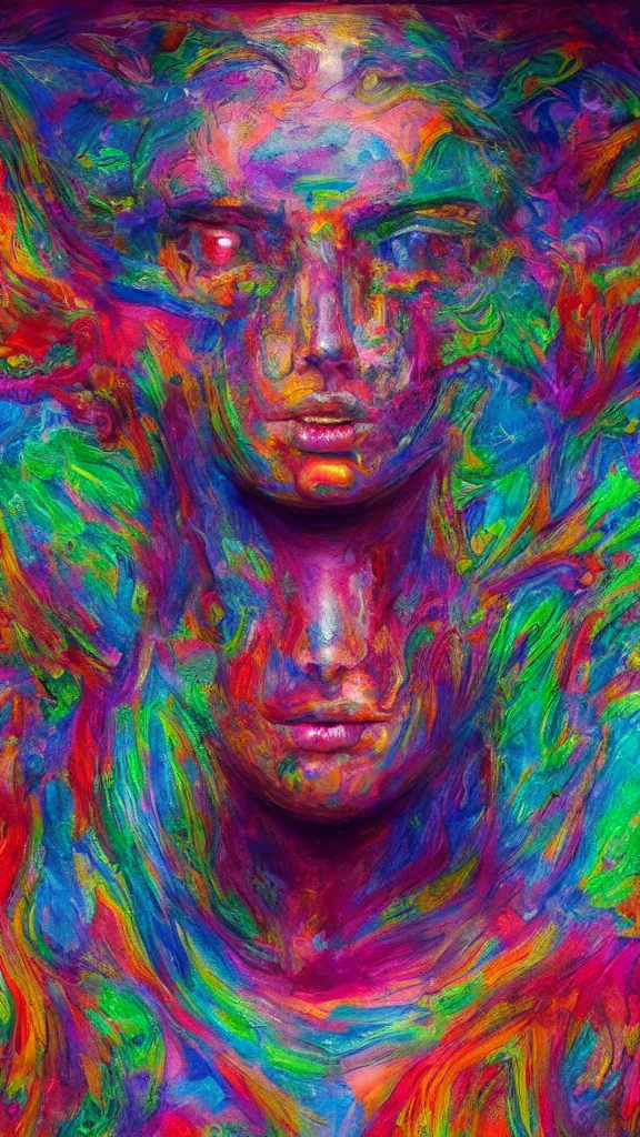 Image similar to hyperrealistic abstract close-up female! portrait Renaissance psychedelic!! celestial happy! pure creature!! peaceful! kind spirit of nature! beautiful fractal!! eyes! highly detailed concept art eric zener elson peter cinematic hard rainbow lighting high angle hd 8k sharp shallow depth of field endless, inspired by Zdzisław Beksiński Salvador Dali