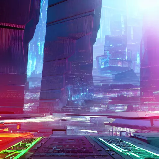 Image similar to photo of a futuristic city in a dystopian future made of electronic components and looks like a giant pcb board. Very detailed 8k. Unreal engine 5 render with nanite, global illumination and path tracing. Cinematic post processing. Emphasize on the colors green and blue.