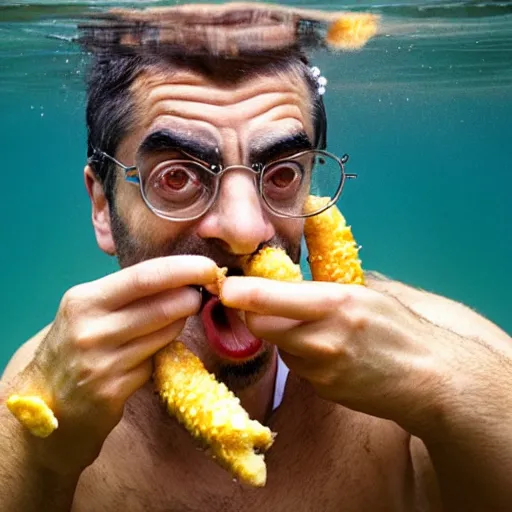 Prompt: An Alec Soth portrait photo of Mr. Bean eating his corndog fingers while underwater. An octopus can be seen in the distance