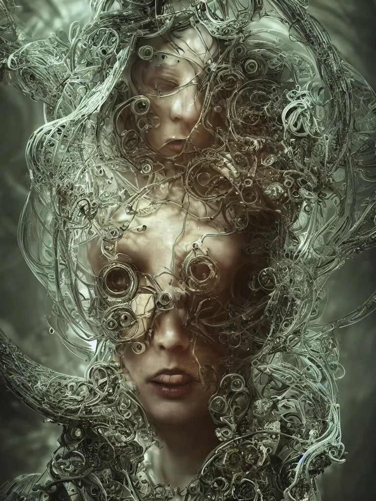 Image similar to beautiful portrait of the priestess of pain and sorrow, bio-mechanical cathedral ,intricate tendrils, chaotic swirling ferrofluids, baroque, octane render, glow, surreal dramatic lighting, intricate details and ornaments, 8k, cinematic, blur, shallow depth of field