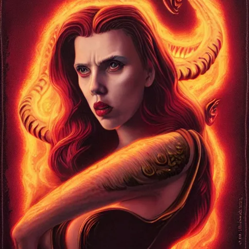 Image similar to demonic hell doom portrait of scarlett johansson as queen of hell, fire and flame, big long hell serpent dragon octopus, Pixar style, by Tristan Eaton Stanley Artgerm and Tom Bagshaw.