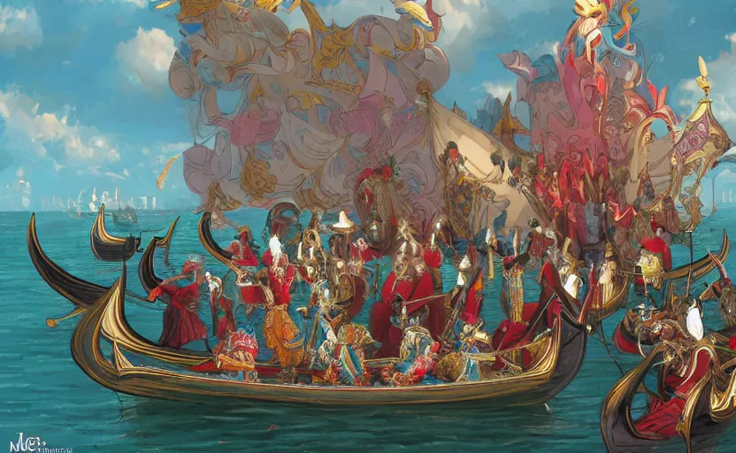 Image similar to the enchanted venice carnival dream with dancing masked people, behance hd artstation, by moebius and nicto ngai