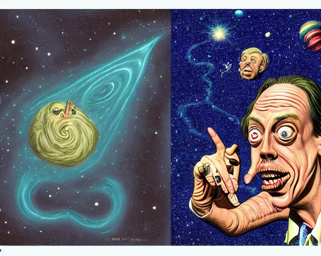 Image similar to steve buscemi swimming in a galaxy, cosmic horror painting, elegant intricate digital painting artstation concept art by basil wolverton by robert crumb by william eggleston detailed