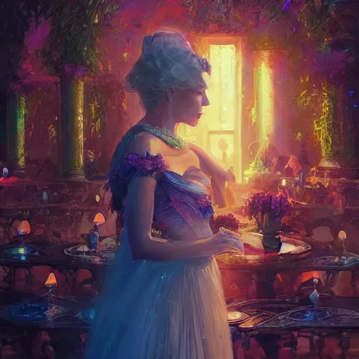 Image similar to colorful illustration of lady at a wedding, intricate complexity, by greg rutkowski, artgerm. 4 k, beautiful, cinematic dramatic atmosphere