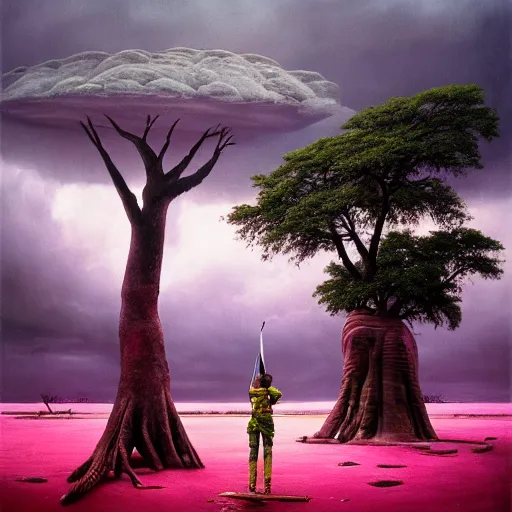 Image similar to a zulu hunter near a pink lake with a a baobab tree during a thunderstorm by greg rutkowski and android jones in a surreal portrait style, oil on canvas, 8k resolution.