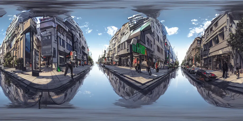 Image similar to equirectangular 360 vr modern urban street , highly detailed, photorealistic, reflections, smooth, sharp focus, concept art, illustration, beautiful, geometric, trending on artstation, cinematic, featured on behance , artwork by WLOP and Tran, Ross