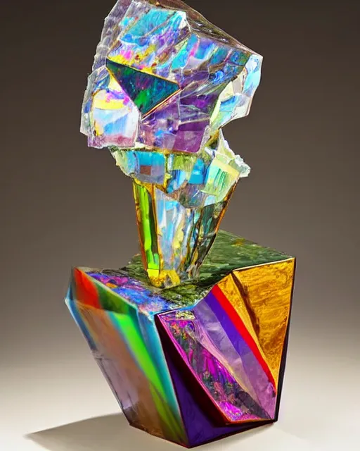 Image similar to a multicolored bismith sitting on top of a table, an abstract sculpture by john chamberlain, trending on pinterest, crystal cubism, angular, made of crystals, iridescent