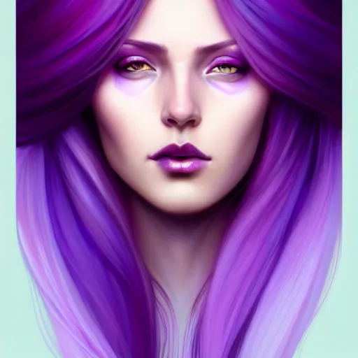 Image similar to Purple hair relistic Portrait of a woman with bright colored flying hair, all shades of purple. Beauty face, Hair coloring, fantasy, intricate, elegant, highly detailed, digital painting, artstation, concept art, smooth, sharp focus, illustration, art by artgerm and greg rutkowski and alphonse mucha