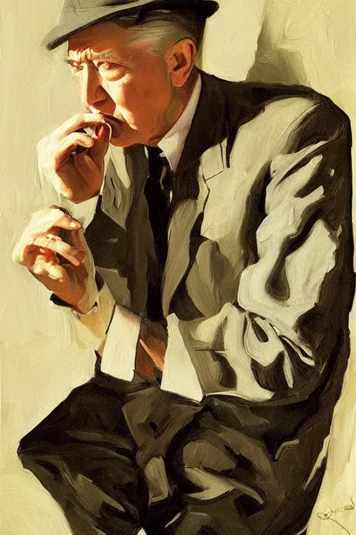 Prompt: david lynch smoking, painting by jc leyendecker!!, angular, brush strokes, painterly, vintage, crisp