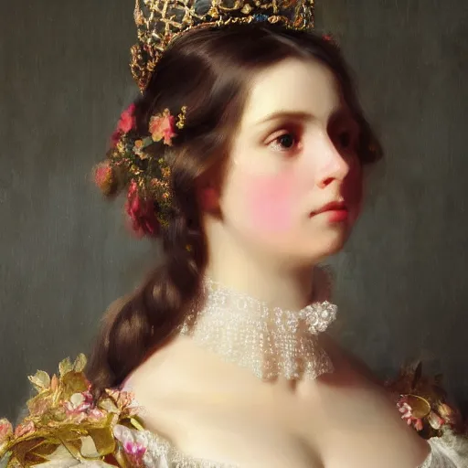 Image similar to an beautiful portrait render of a Queen by Franz Xaver Winterhalter, vivid, trending on artstation, Pinterest, beautiful face, highly detailed, fancy, Romanticism, Rococo