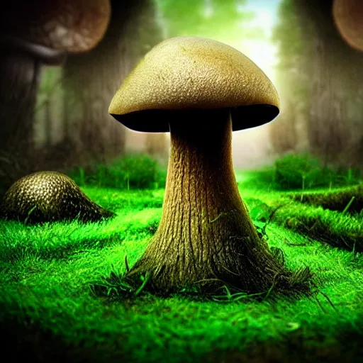 Prompt: mushroom forest, realistic, detailed, epic angle, bloody river, ambient green light,