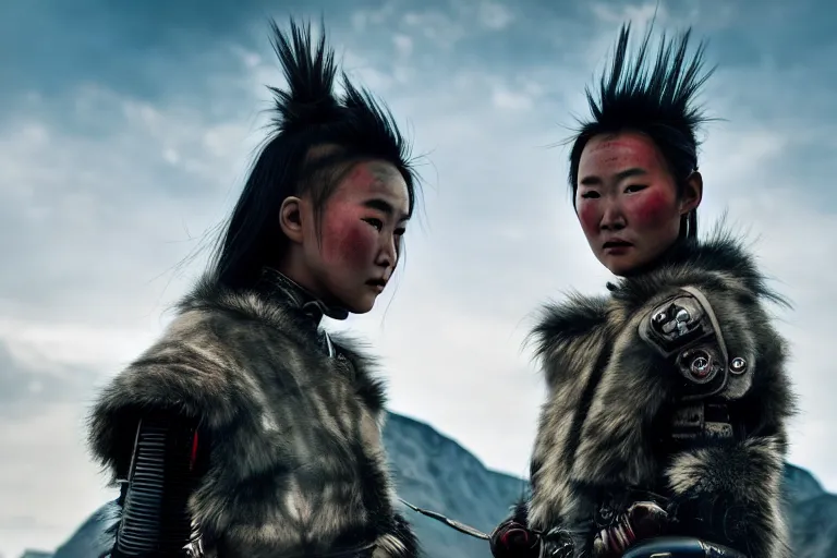 Image similar to vfx film closeup, futuristic mongolian biker warriors, sci - fi mongolian village, robot stand - off, flat color profile low - key lighting award winning photography arri alexa cinematography, hyper real photorealistic cinematic, atmospheric cool colorgrade