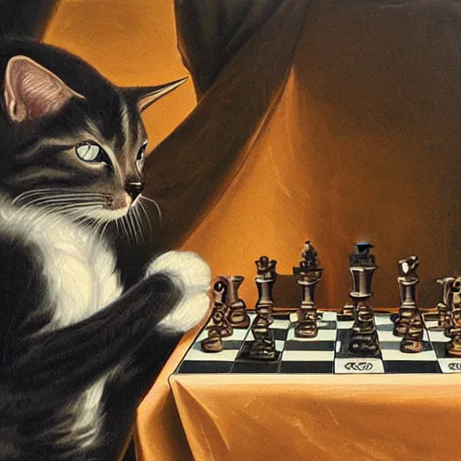 Image similar to cat playing chess looking wise, rococo oil painting