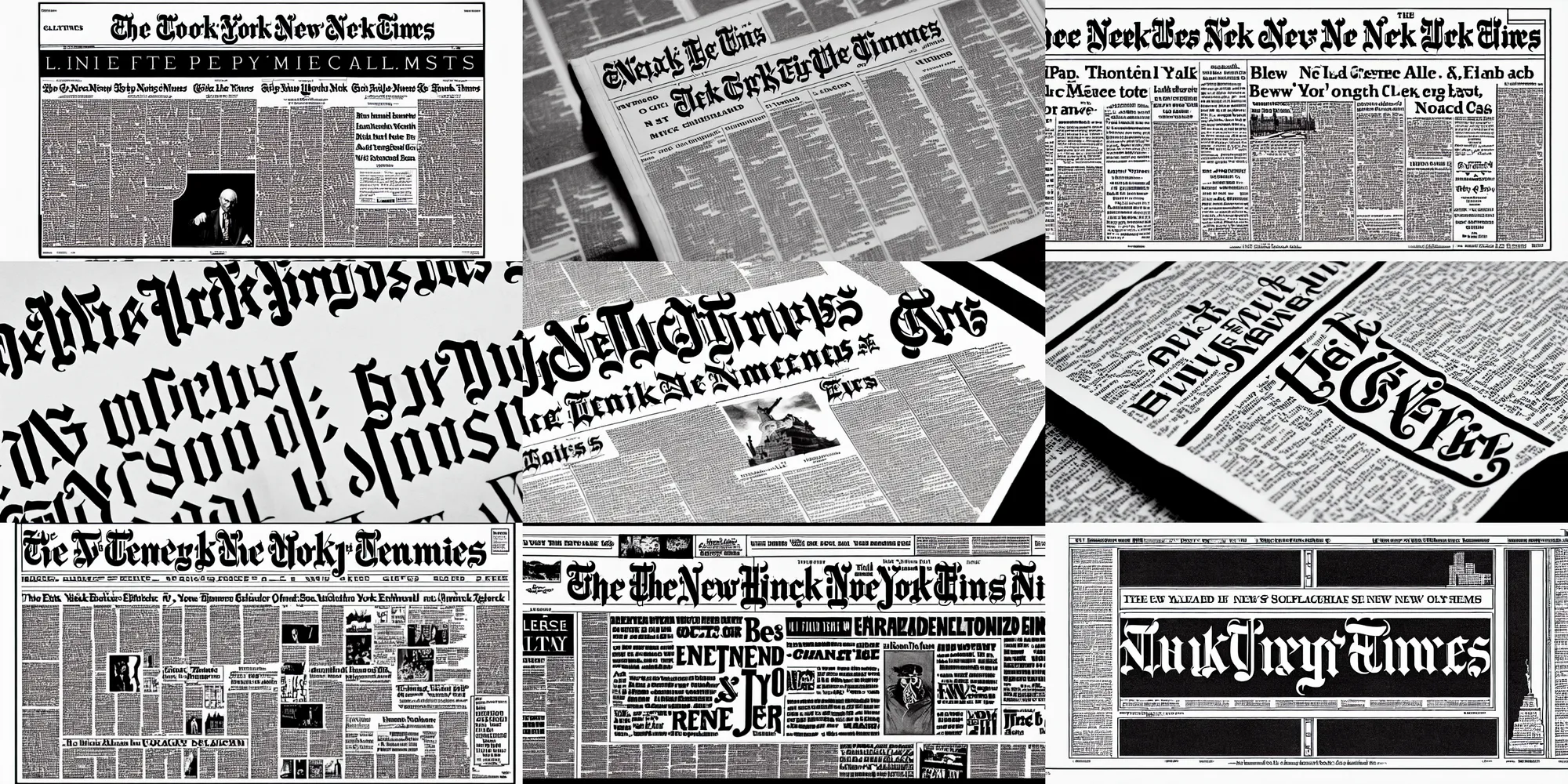Prompt: the masthead of the new york times newspaper in gothic lettering, black and white, typography