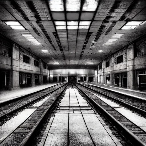 Image similar to “photograph of an abandoned penn station, dusty, dark, liminal space, high res, high quality”