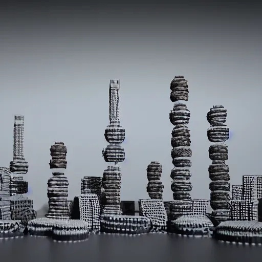 Image similar to city made of stacked oreos on a white surface, octane render, ue 5, realistic shadows, white background