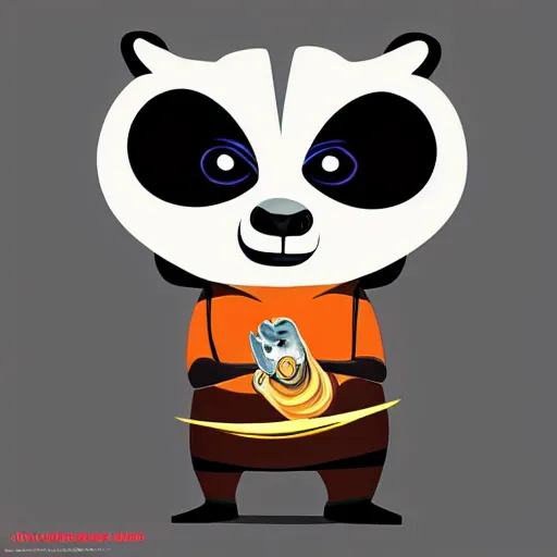 Image similar to “ portrait of a racoon in the style of kung fu panda holding laser gun, with a black background, digital art, award winning, trending on art station, retro style ”